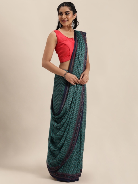 

Mitera Sea Green & Navy Blue Floral Printed Saree