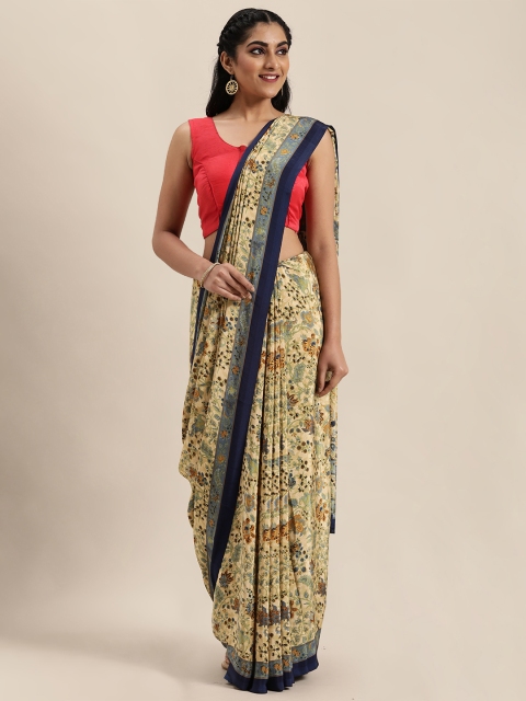 

Mitera Off-White Floral Printed Pure Crepe Saree