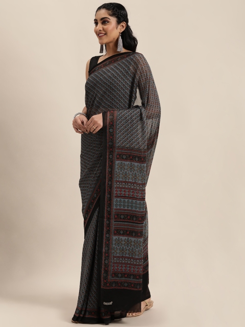 

Mitera Charcoal Grey Floral Printed Saree
