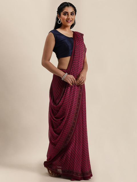

Mitera Magenta Pink & Green Floral Printed Saree