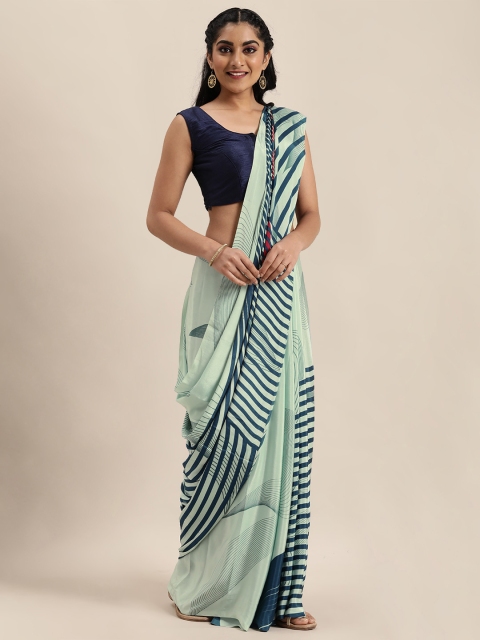 

Mitera Sea Green & Teal Blue Pure Crepe Striped Saree