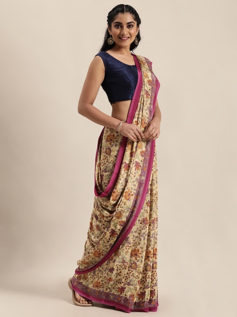 

Mitera Off-White Floral Printed Pure Crepe Saree
