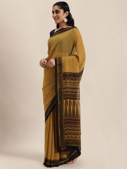 

Mitera Mustard Yellow & Red Printed Saree