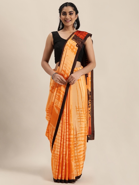 

Mitera Orange & Coffee Brown Pure Crepe Checked Saree