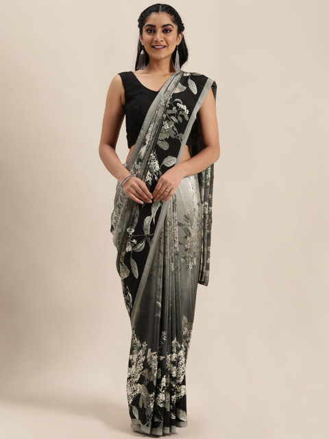 

Mitera Grey & Black Pure Crepe Floral Printed Saree