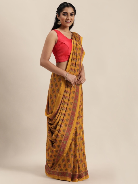 

Mitera Mustard Yellow Floral Printed Pure Crepe Saree