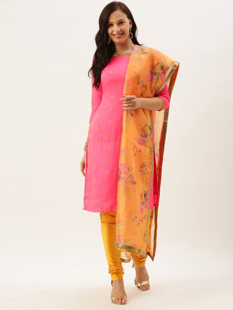

EthnoVogue Women Pink & Yellow Woven Design Made To Measure Kurta with Churidar & Dupatta