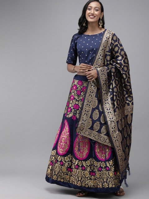 

DIVASTRI Navy Blue & Magenta Semi-Stitched Lehenga & Unstitched Blouse with Dupatta
