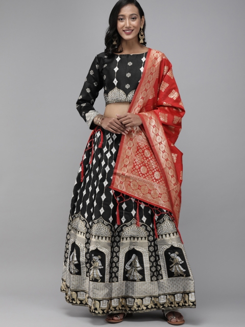 

DIVASTRI Black & Red Woven Design Semi-Stitched Lehenga & Unstitched Blouse with Dupatta