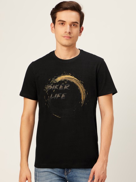 

WTFUNK Men Black & Mustard Yellow Printed Pure Cotton Bio-Wash Round Neck T-shirt