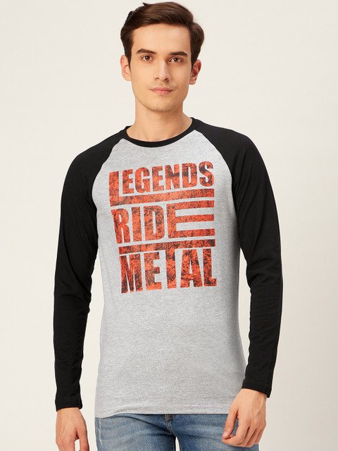 

WTFUNK Men Grey Melange & Rust Orange Pure Cotton Bio Wash Printed Round Neck T-shirt