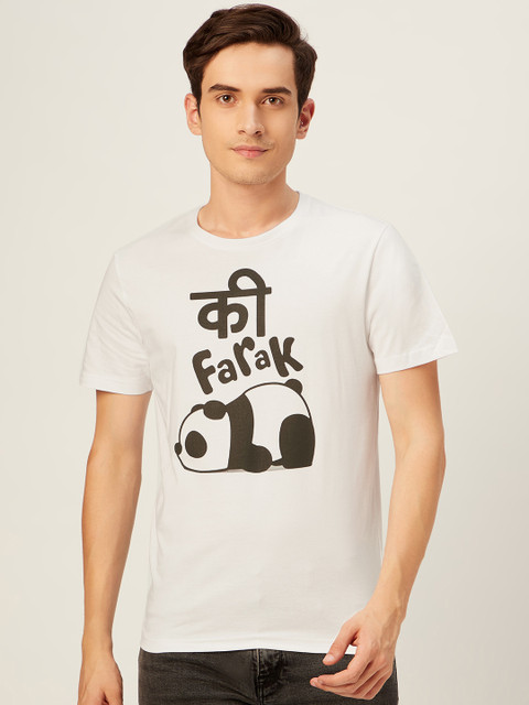 

WTFUNK Men White & Black Panda Printed Pure Cotton Round Neck T-shirt