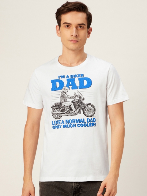 

WTFUNK Men White & Blue Biker Printed Pure Cotton Round Neck T-shirt