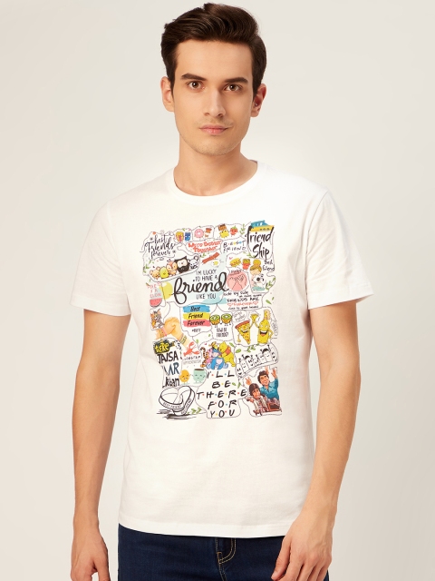 

WTFUNK Men White & Yellow Doodle Print Pure Cotton Bio-Wash Round Neck T-shirt