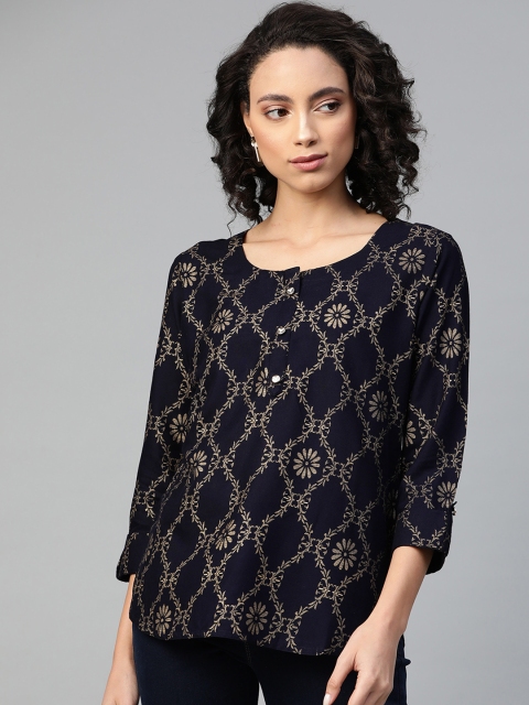

HIGHLIGHT FASHION EXPORT Navy Blue & Golden Foil Printed Roll-Up Sleeves Top