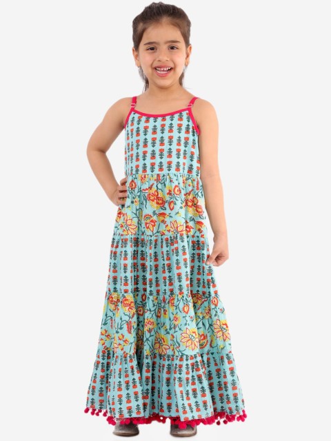 

Lil Peacock Girls Turquoise Blue Ethnic Motiffs Printed Cotton Empire Dress