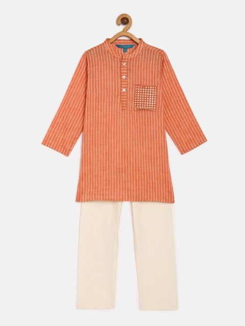 

Lil Peacock Boys Orange & Off-White Striped Kurta with Pyjamas