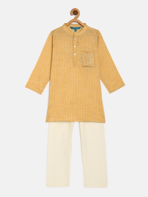 

Lil Peacock Boys Yellow & Off-White Striped Kurta with Pyjamas