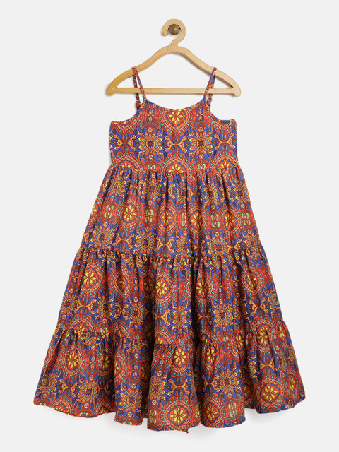 

Lil Peacock Girls Orange & Blue Ethnic Motiffs Printed Cotton Empire Dress