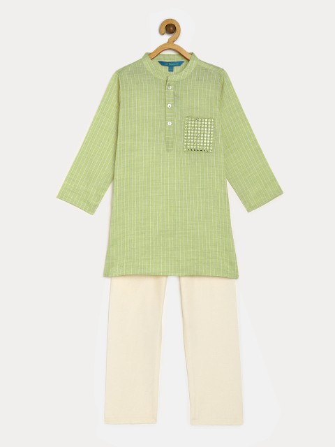 

Lil Peacock Boys Green & Off-White Striped Kurta with Pyjamas