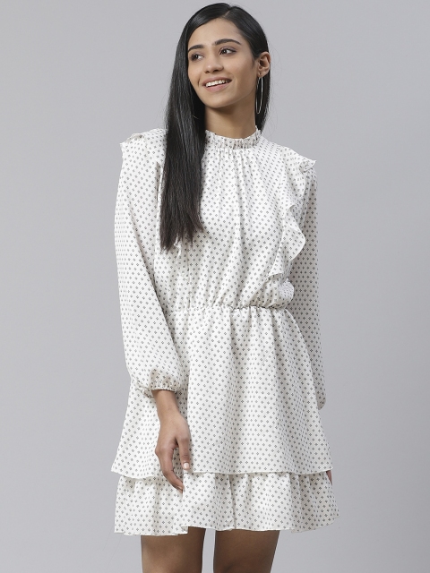 

Ives Women White & Black Geometric Print Ruffled & Layered A-Line Dress