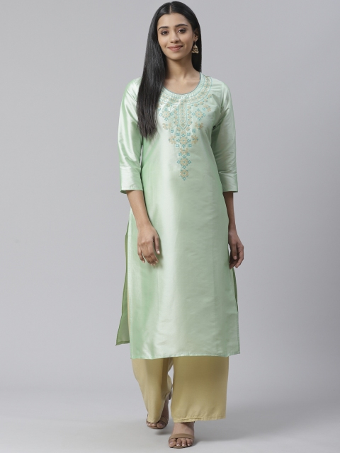 

Ives Women Mint Green & Turquoise Blue Ethnic Motifs Yoke Embroidery Straight Kurta