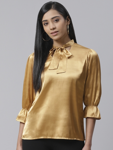 

Ives Women Beige Solid Satin Finish Tie-Up Neck Top