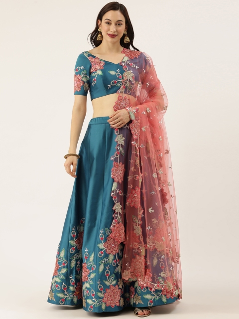 

panchhi Teal Blue Embroidered Semi-Stitched Lehenga & Unstitched Blouse with Dupatta