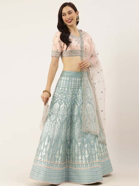 

panchhi Grey & Pink Embroidered Semi-Stitched Lehenga & Unstitched Blouse with Dupatta