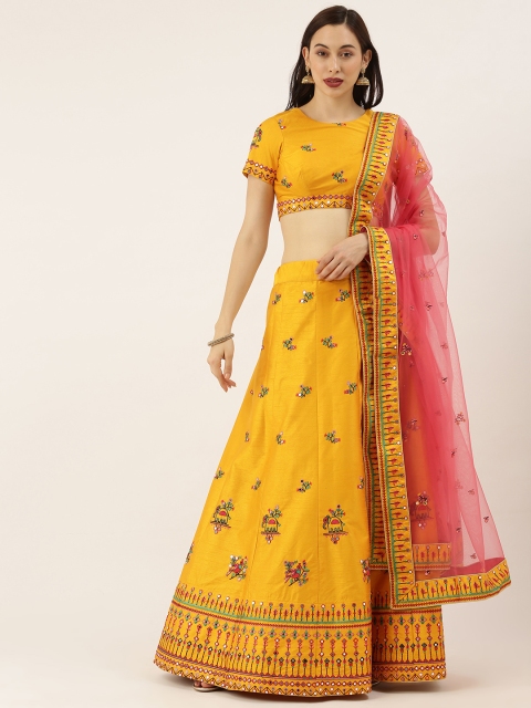 

panchhi Mustard Yellow Embroidered Semi-Stitched Lehenga & Unstitched Blouse with Dupatta