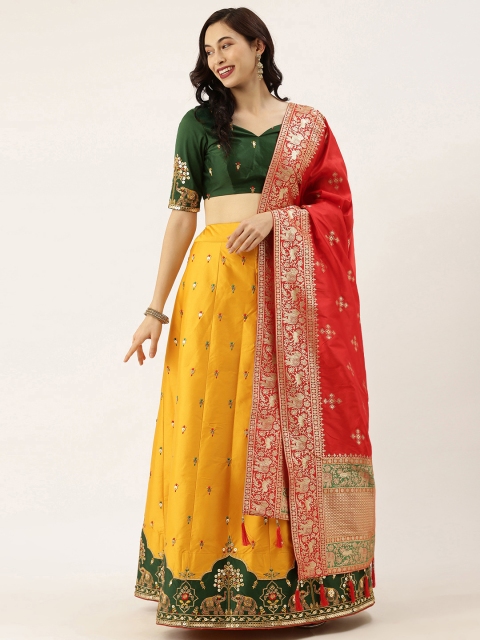 

panchhi Mustard & Green Embellished Semi-Stitched Lehenga & Unstitched Blouse with Dupatta