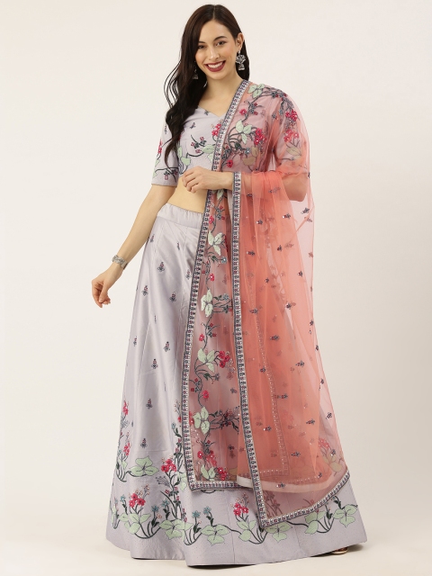 

panchhi Grey Satin Silk Embroidered Semi-Stitched Lehenga & Unstitched Blouse With Dupatta