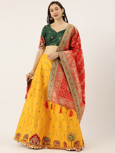 

panchhi Mustard Yellow Woven Design Semi-Stitched Lehenga & Unstitched Blouse with Dupatta