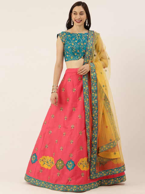 

panchhi Coral &Teal Embroidered Semi-Stitched Lehenga & Unstitched Blouse with Dupatta