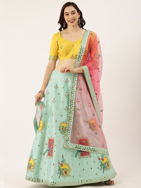 

panchhi Sea Green & Yellow Embroidered Unstitched Lehenga & Blouse with Dupatta