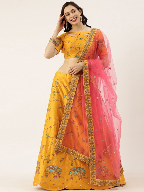 

panchhi Mustard & Pink Embroidered Semi-Stitched Lehenga & Unstitched Blouse with Dupatta