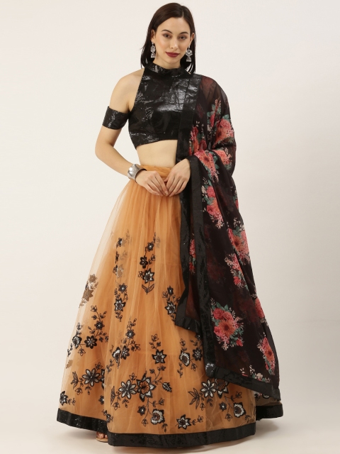 

panchhi Peach-Coloured & Black Embellished Semi-Stitched Lehenga & Unstitched Blouse with Dupatta