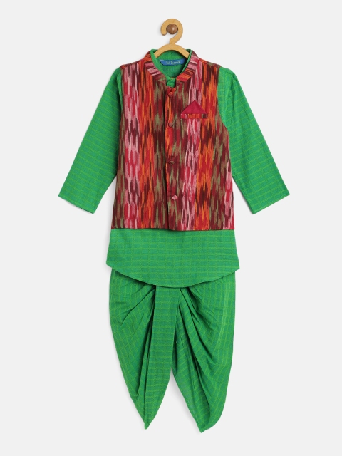 

Lil Peacock Boys Green Self Design Pure Cotton Kurta with Dhoti Pants & Nehru Jacket