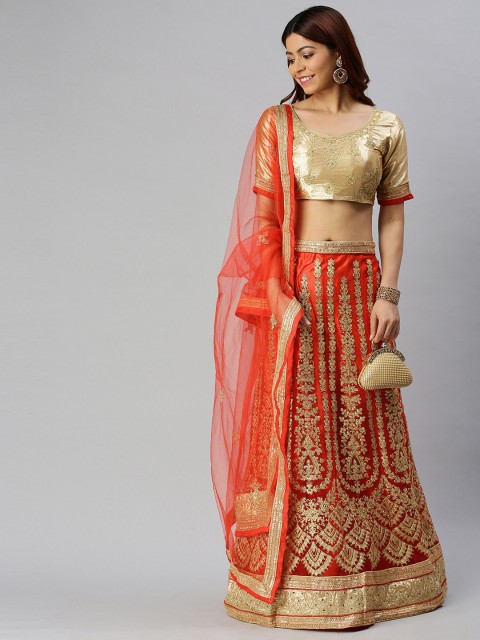 

Mitera Red & Gold-Toned Embroidered Semi-Stitched Lehenga & Unstitched Blouse with Dupatta