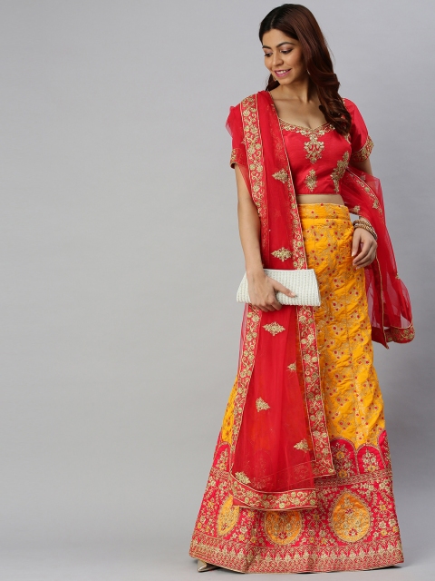 

Mitera Mustard & Red Woven Design Semi-Stitched Lehenga & Unstitched Blouse with Dupatta
