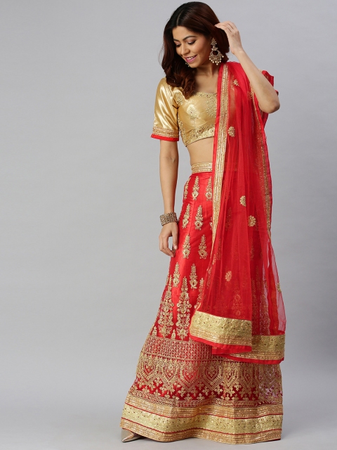 

Mitera Golden & Red Embroidered Semi-Stitched Lehenga & Unstitched Blouse with Dupatta, Gold