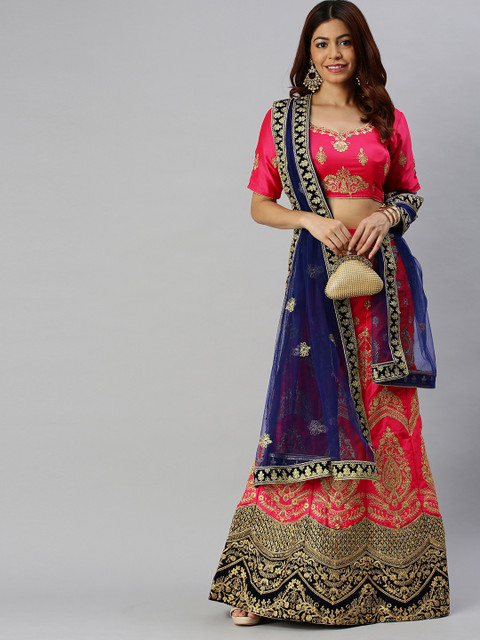 

Mitera Pink & Blue Embroidered Semi-Stitched Lehenga & Unstitched Blouse with Dupatta