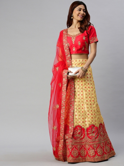 

Mitera Beige & Red Woven Design Semi-Stitched Lehenga & Unstitched Blouse with Dupatta