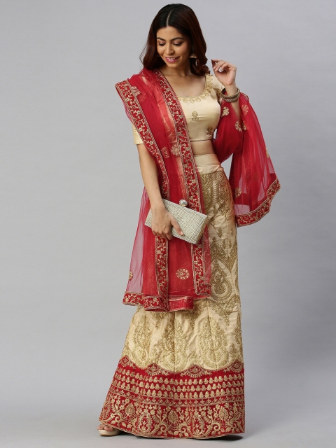

Mitera Beige & Red Embroidered Semi-Stitched Lehenga & Unstitched Blouse with Dupatta