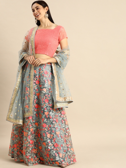 

Shaily Grey & Peach-Coloured Embroidered Unstitched Lehenga & Blouse with Dupatta