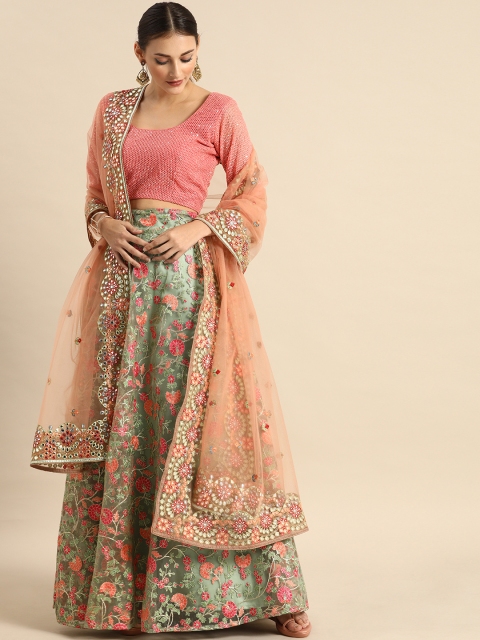 

Shaily Green & Pink Embroidered Semi-Stitched Lehenga & Unstitched Blouse with Dupatta