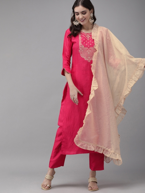 

Indo Era Women Pink & Beige Yoke Design Kurta with Trousers & Dupatta