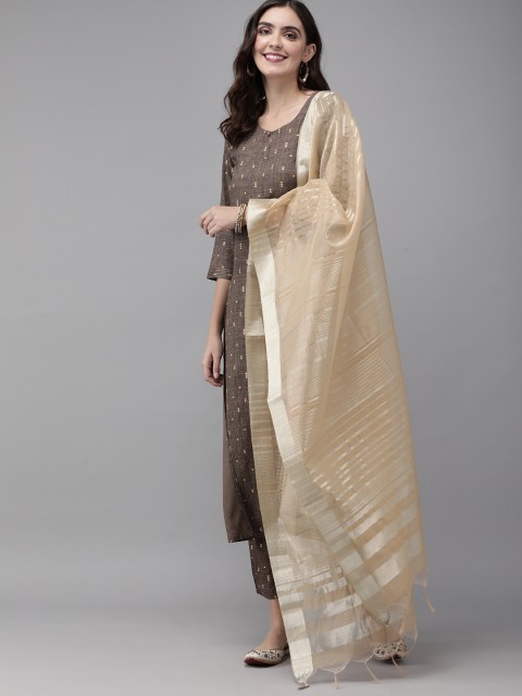 

Indo Era Women Brown & Gold-Toned Printed Kurta with Palazzos & Dupatta