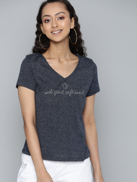 

VividArtsy Women Navy Blue Solid Pure Cotton V-Neck Pure Cotton T-shirt with Embellished Detail