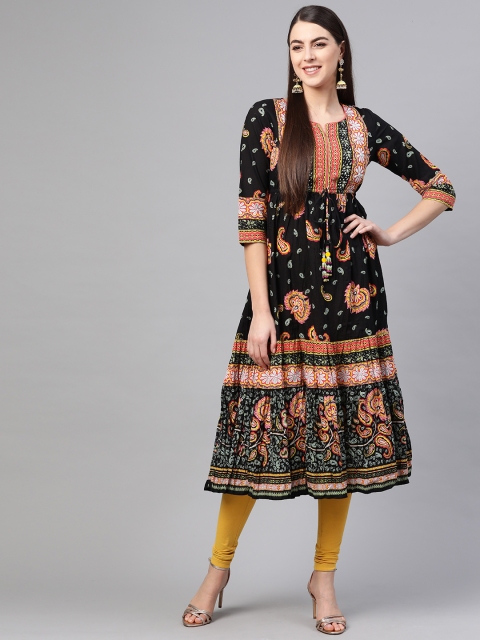 

Rain & Rainbow Women Black & Peach-Coloured Pure Cotton Printed Tiered A-Line Kurta